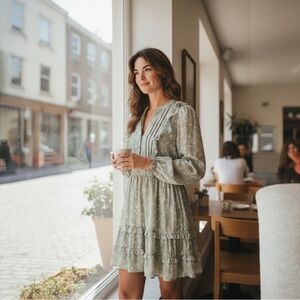 Sage Green Floral V-Neck Tiered Long Sleeve Dress